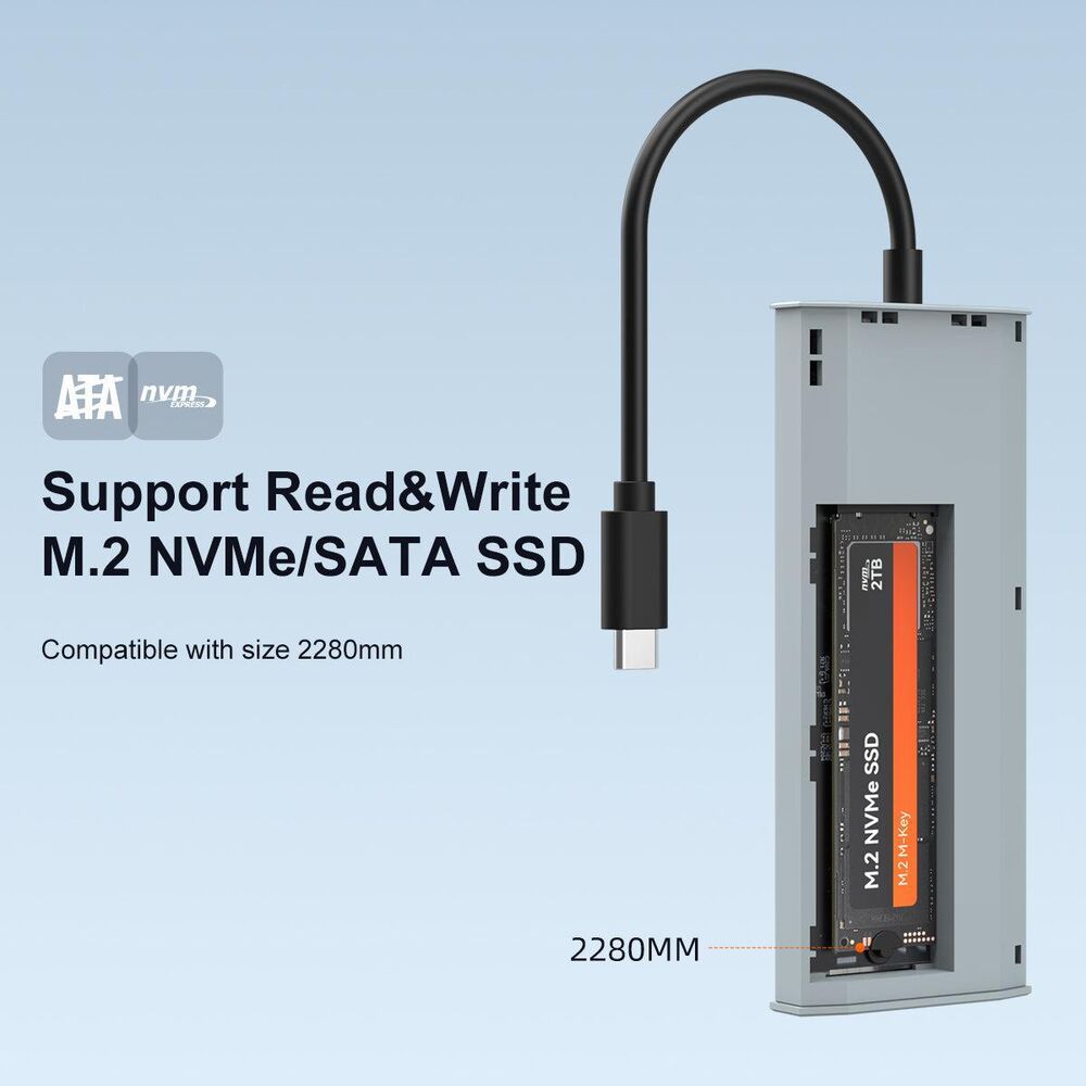 MAIWO 1 til 6 dockingstation 1xNVMe/SATA 1xHDMI 4K60Hz, 2xUSB-A 1xUSB-C 5Gbps 1xUSB-C PD100W Levere