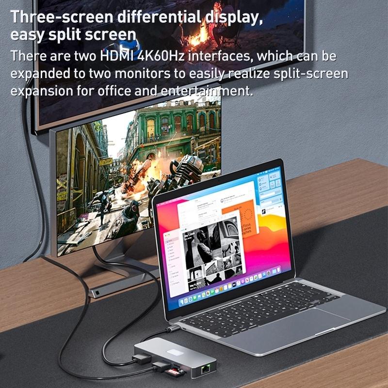 NÖRDIC 1 til 10 USB-C dockingstation 2xHDMI 4K60Hz 3xUSB3.0, 1xUSB-C, 1xRJ45 GigaLan, 1xPD100W, 1xSD & 1xMicroSD