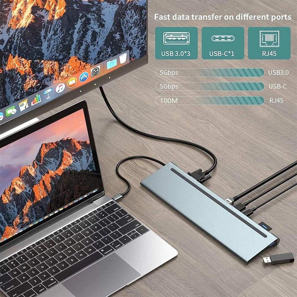 NÖRDIC 1 til 12 USB-C dockingstation til tredobbelte skærme 2xHDMI 4K30Hz, 1xVGA, USB-C PD 100W, Thunderbolt 3 & 4 på udsalg