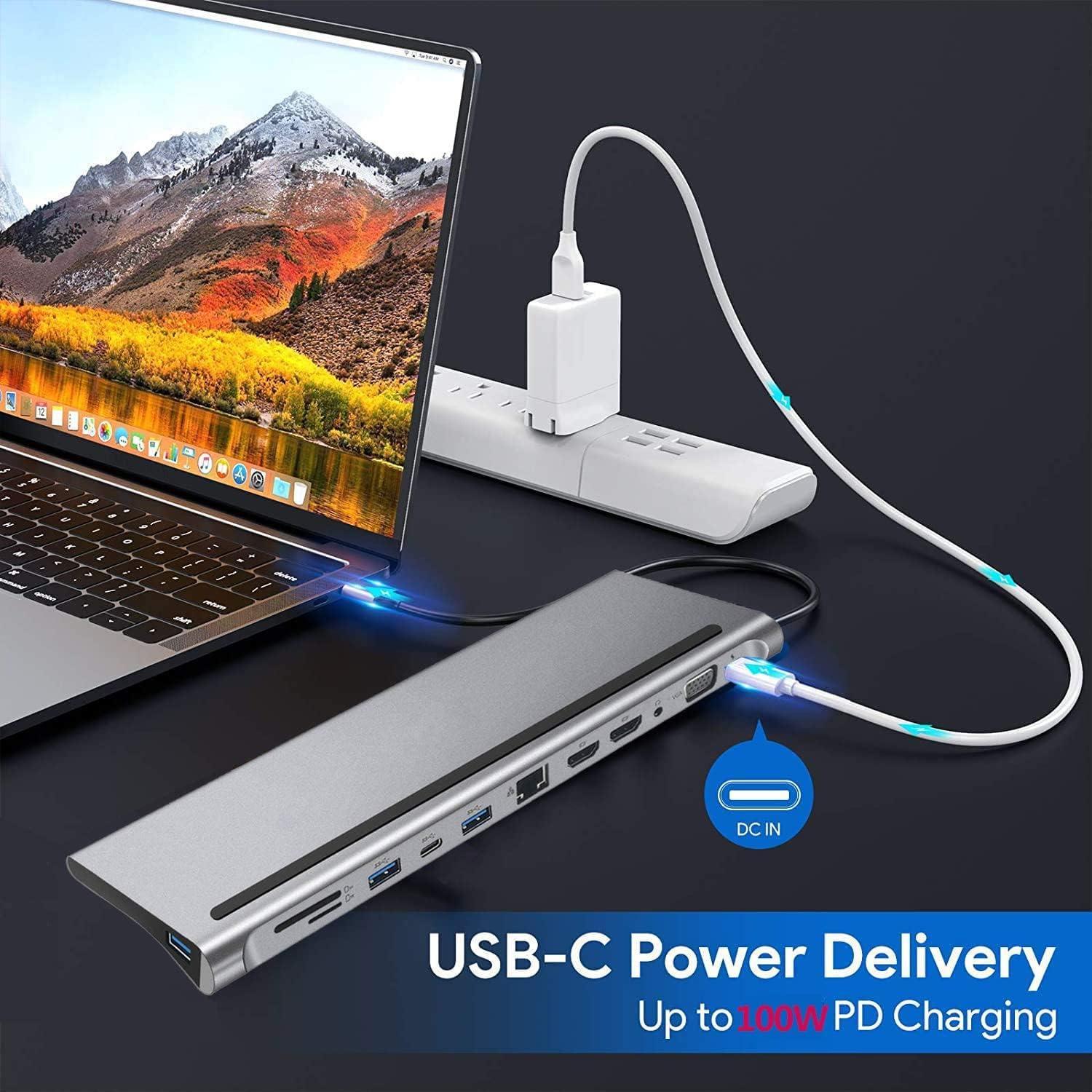 NÖRDIC 1 til 12 USB-C dockingstation til tredobbelte skærme 2xHDMI 4K30Hz, 1xVGA, USB-C PD 100W, Thunderbolt 3 & 4 på udsalg