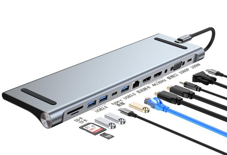NÖRDIC 1 til 12 USB-C dockingstation til tredobbelte skærme 2xHDMI 4K30Hz, 1xVGA, USB-C PD 100W, Thunderbolt 3 & 4 på udsalg