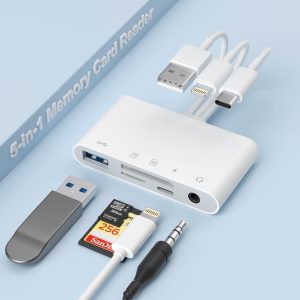 NÖRDIC USB-A, USB-C, Lightning-kortlæser 2-slot SD, MicroSD 1xUSB-A, 1xAUX, 1xLightning-opladning UHS-I Levere