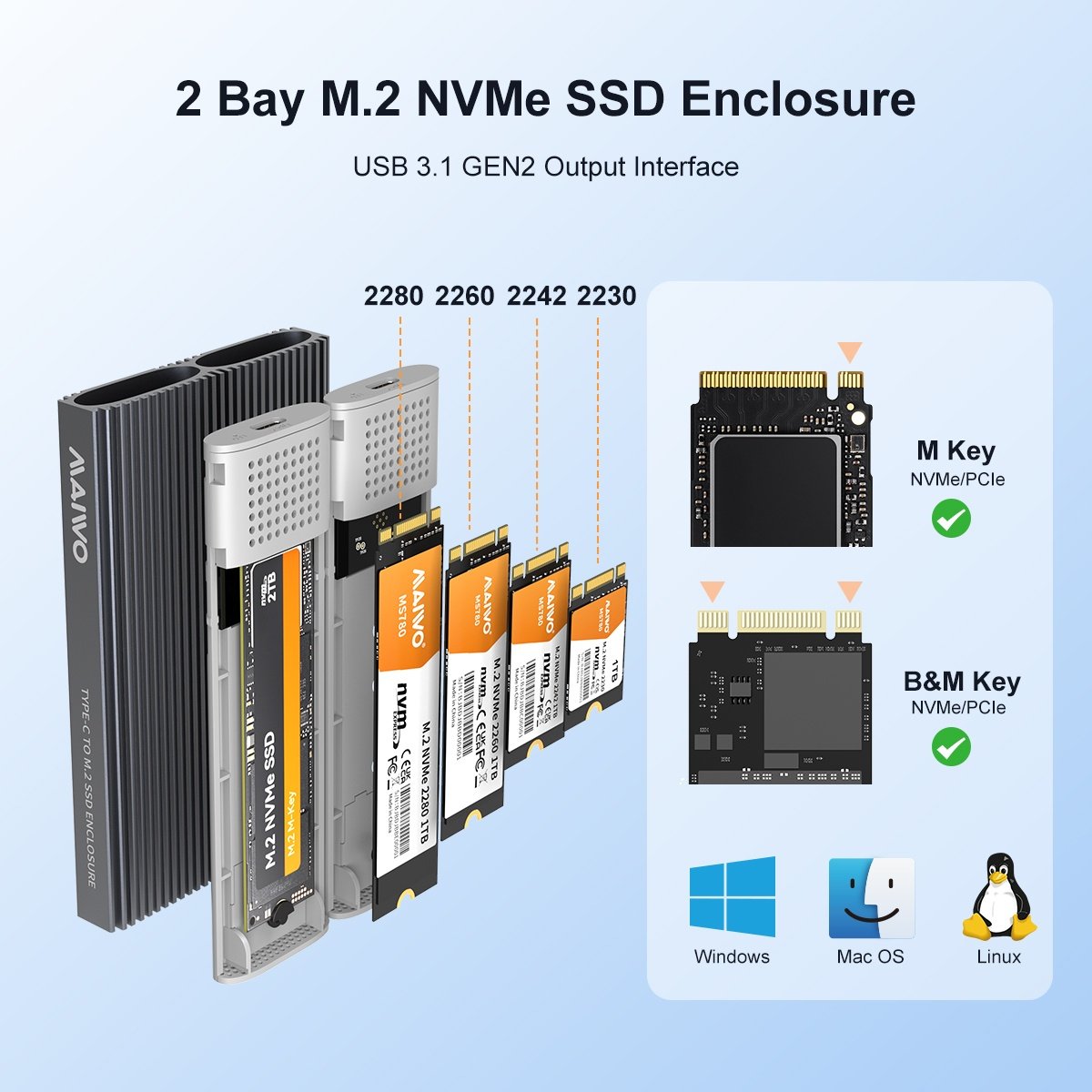 Maiwo Dual Disk NVMe SSD-kabinet USB-C 3.1 GEN2 10 Gbps