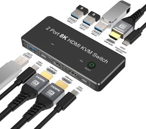 NÖRDIC HDMI 2.1 8K60Hz KVM-switch 2 til 1 HDCP2.3 HDR10 med 4xUSB-A-udgang Mode