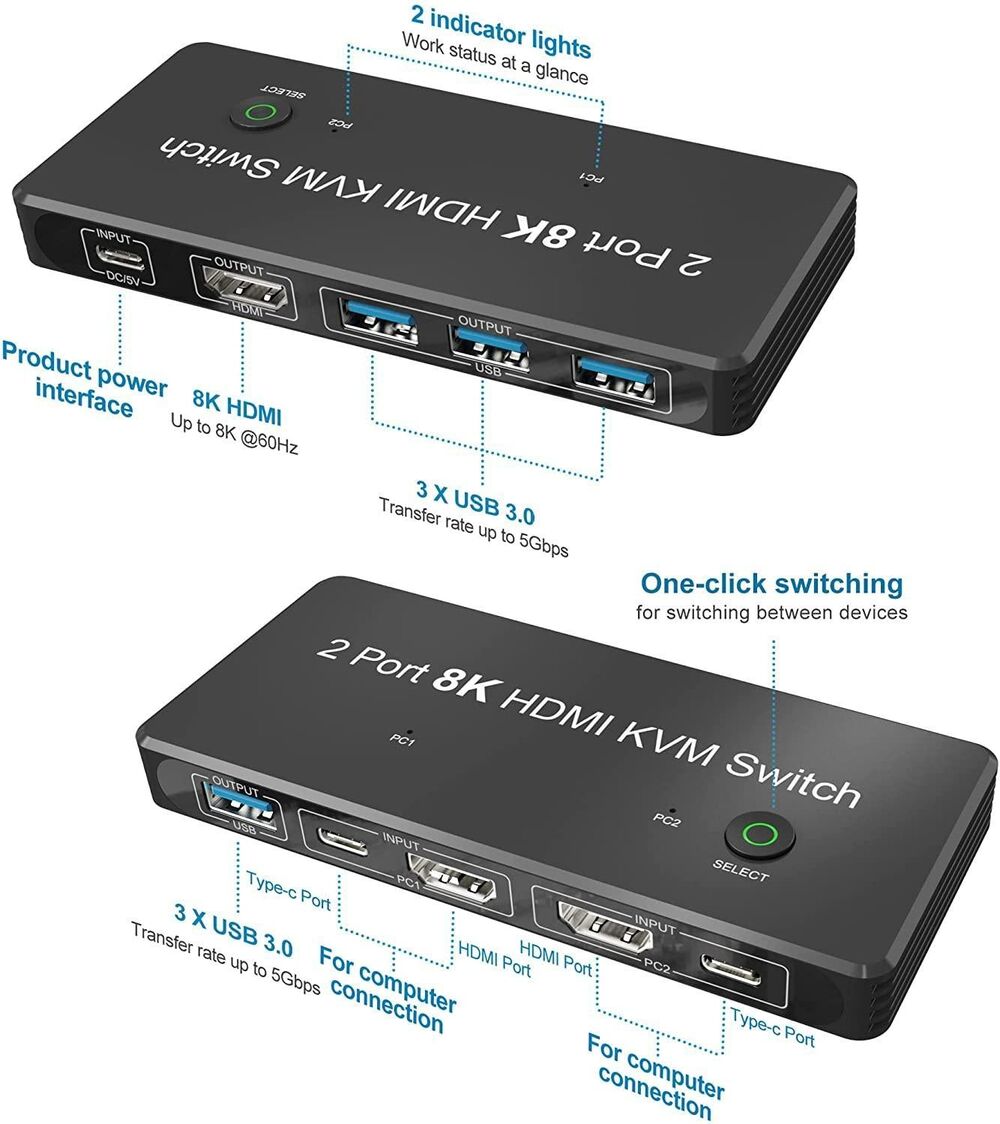 NÖRDIC HDMI 2.1 8K60Hz KVM-switch 2 til 1 HDCP2.3 HDR10 med 4xUSB-A-udgang Mode