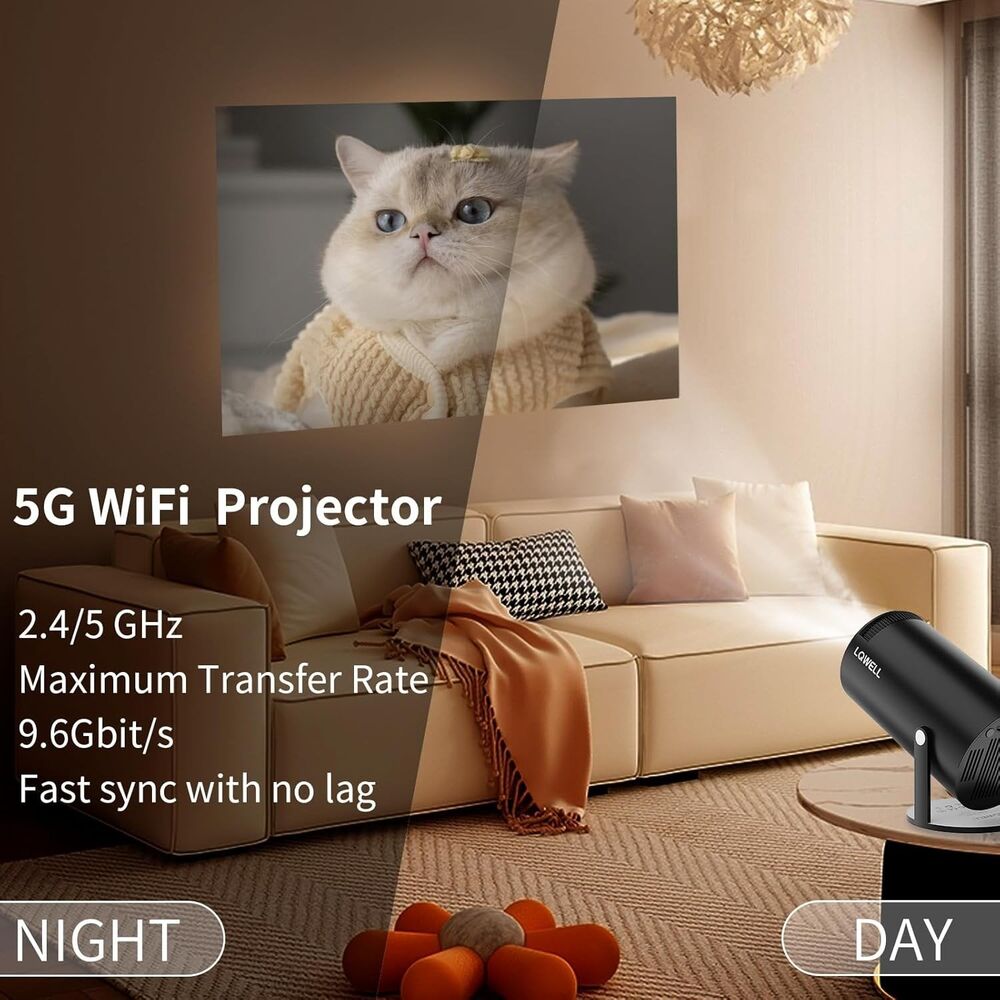 NÖRDIC Mini Portable Projector 4K 1080P Full HD-understøttelse Android 11 & Netflix – WiFi 6, BT 5.0, 180° rotation, hjemmebiografprojektor