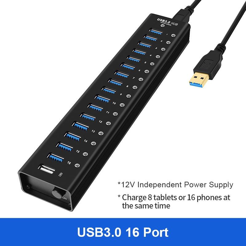 NÖRDIC strømforsynet 17-ports USB 3.0 HUB 5 Gbps 1,2 mm kabel aluminium sort med strømforsyning Rabat