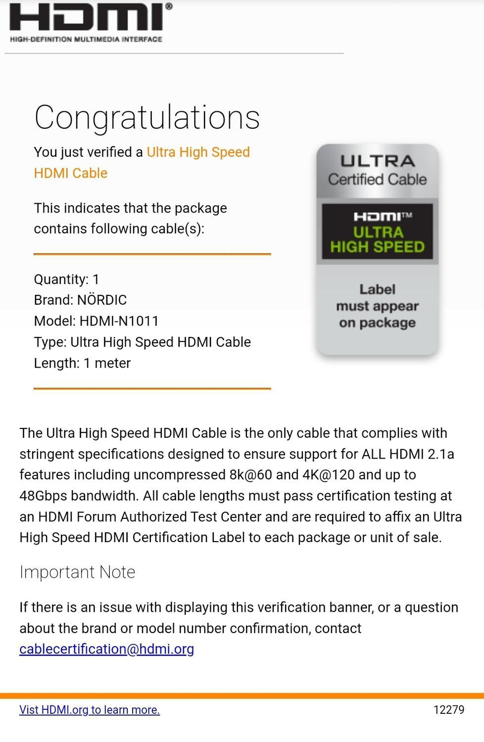 NÖRDIC CERTIFICEREDE KABLER 1m Ultra High Speed HDMI 2.1 8K 60Hz 4K 120Hz 48Gbps Dynamic HDR eARC VRR Nylon flettet kabel Guldbelagte stik