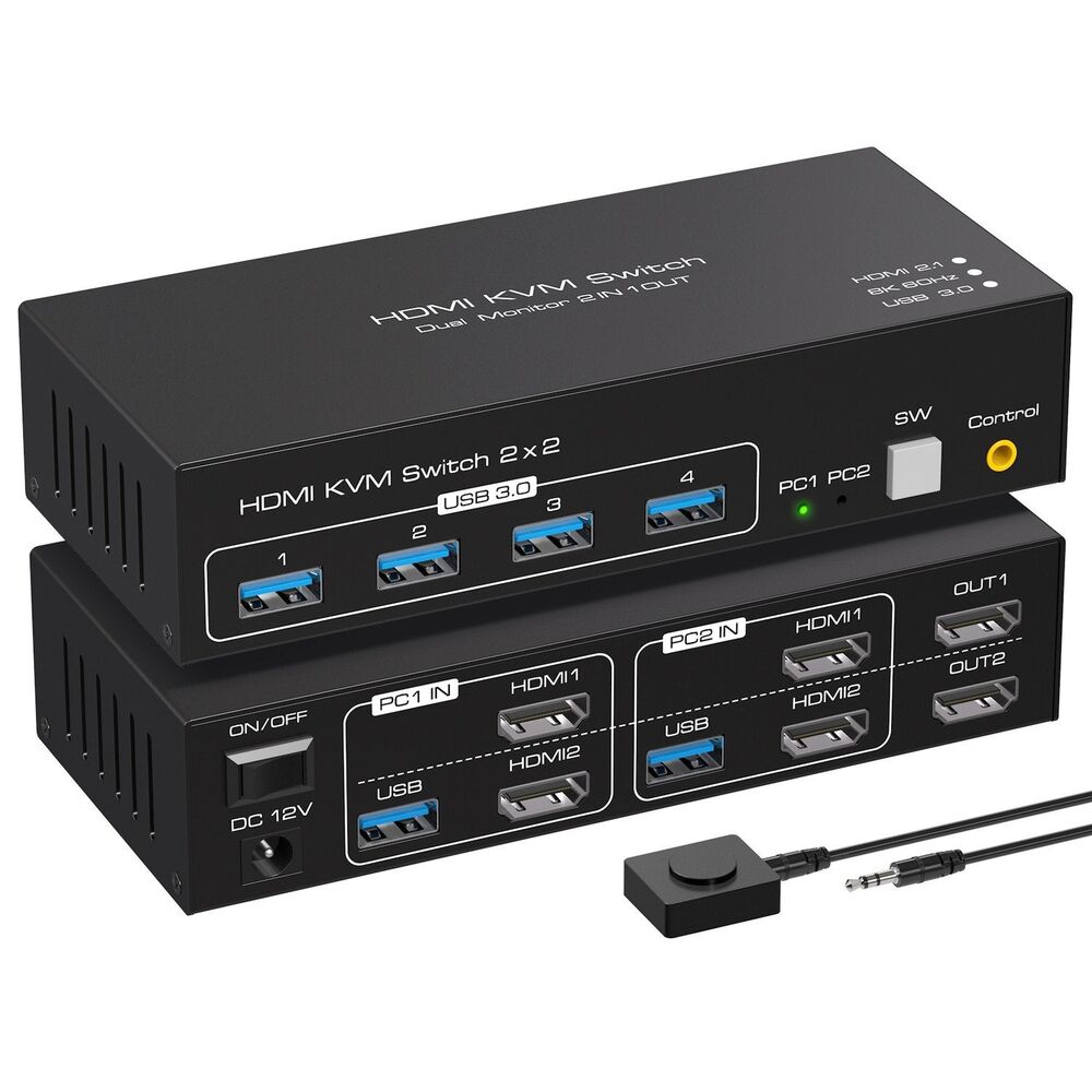 NÖRDIC KVM switch 2 til 2 HDMI til HDMI, 8K60Hz/4K120Hz, 4x USB-A Mode