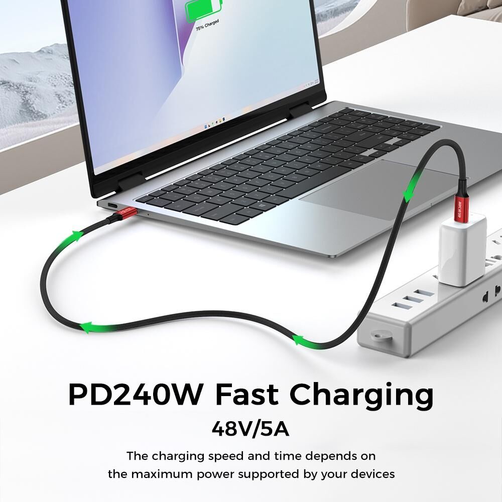 NÖRDIC 1,5 m USB4 USB-C til C nylon flettet kabel PD3.1 240W 40G 8K60Hz 4K144Hz rød Udsalg