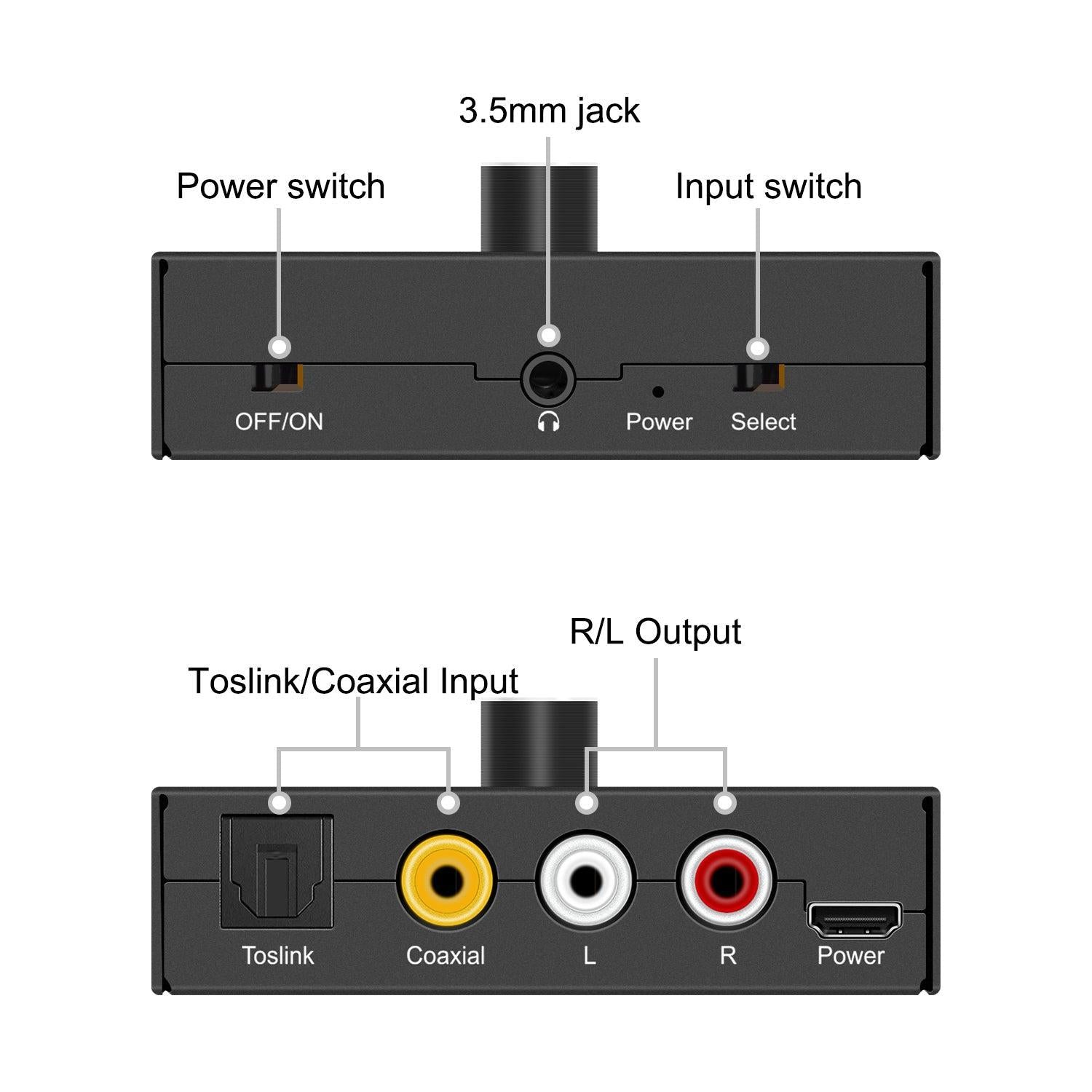 NÖRDIC Digital til Analog lydkonverter, Toslink og Coaxial til RCA L/R og hovedtelefoner med volumenkontrol metal DAC D/A konverter konverter
