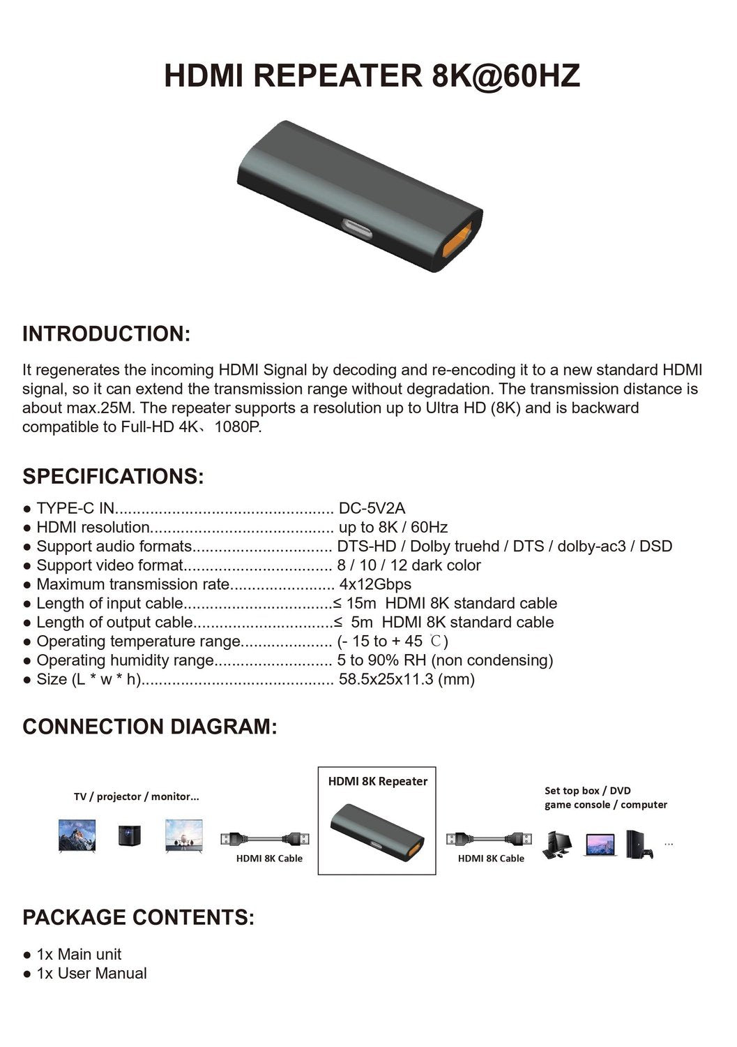 NÖRDIC HDMI 2.1 signalforstærker 8K60Hz 4K120Hz Mode