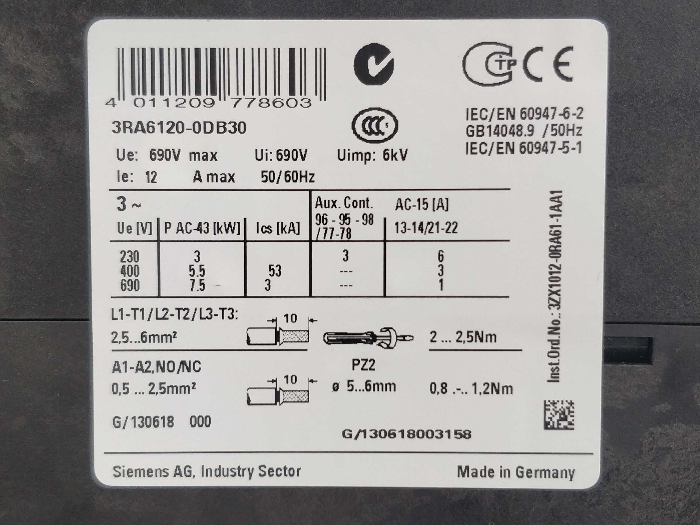Siemens 3RA6120-0DB30 SIRIUS Compact load feeder Hot på udsalg