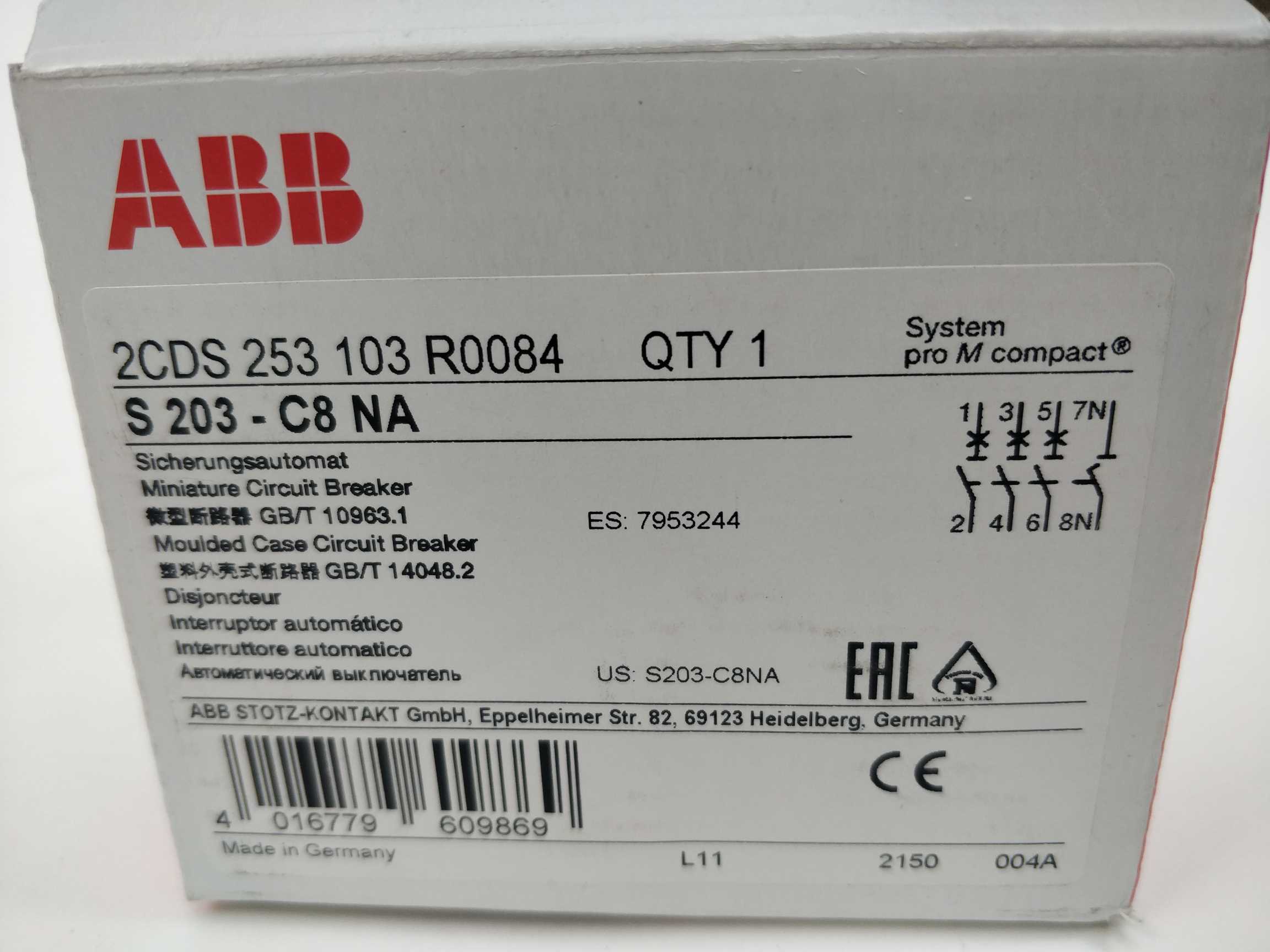 ABB 2CDS253103R0084 S203-C8NA Miniature Circuit Breaker - 3+NP - C - 8 A Online nu