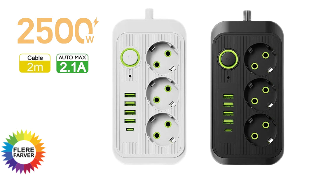 Strømskinne med USB og Stikkontakt