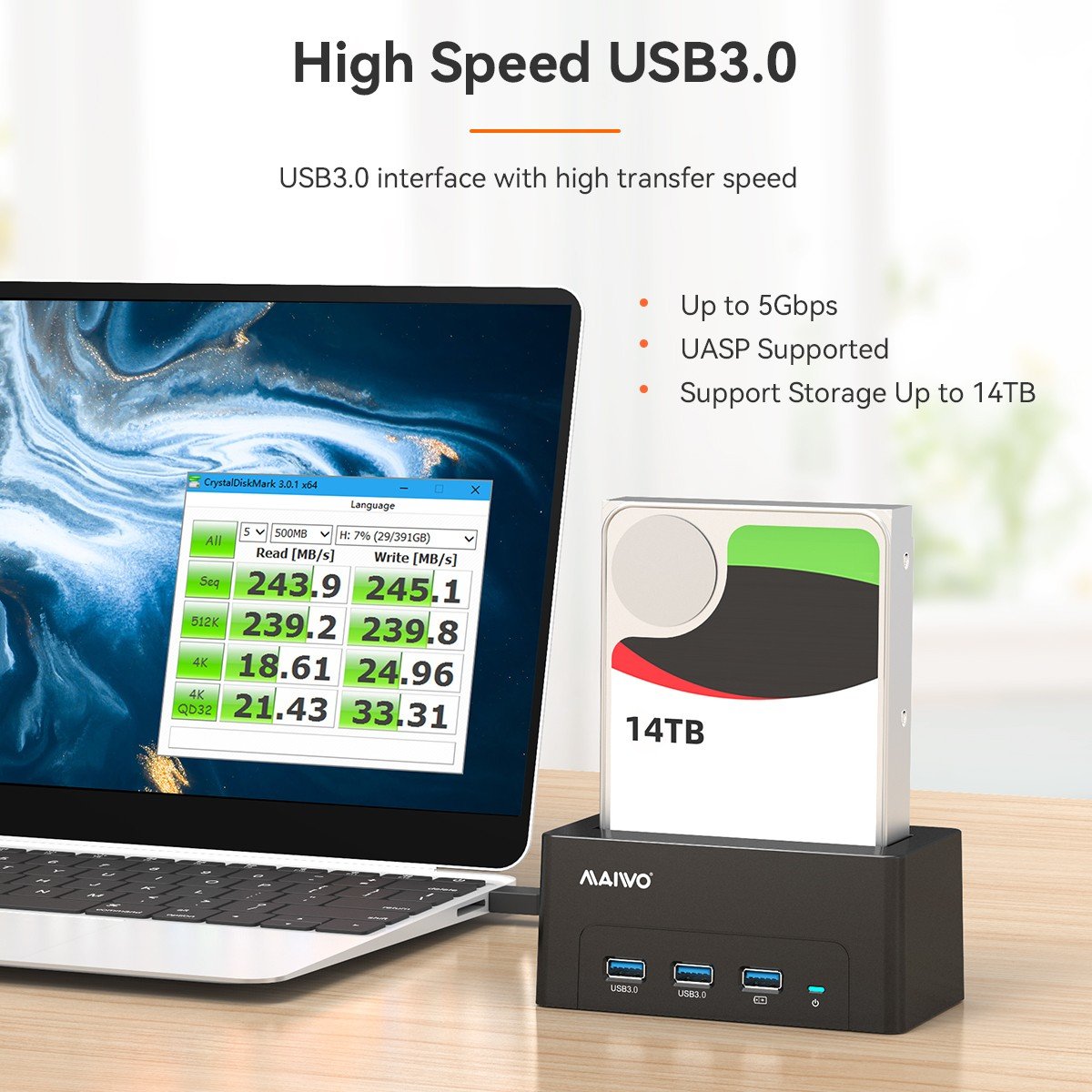 Maiwo K308H USB 3.1 GEN1 5Gbps Docking 1st 2,5-3,5 SATA-harddisk SSD op til 14TB med understøttelse af UASP 3xUSB3.1 hub Hot på udsalg