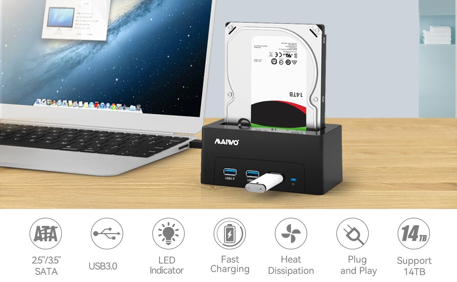 Maiwo K308H USB 3.1 GEN1 5Gbps Docking 1st 2,5-3,5 SATA-harddisk SSD op til 14TB med understøttelse af UASP 3xUSB3.1 hub Hot på udsalg