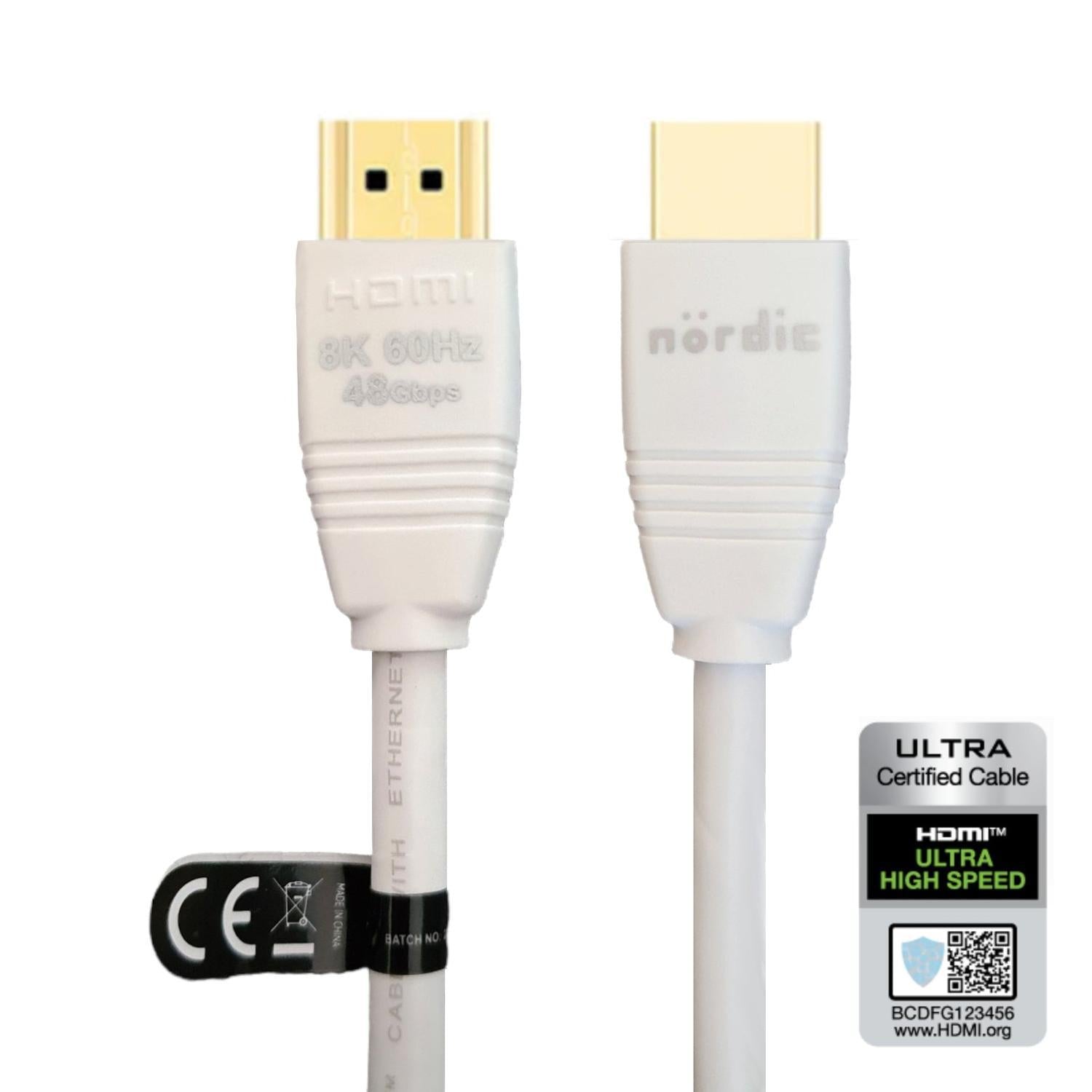 NÖRDIC CERTIFIED CABLES 1,5m Ultra High Speed HDMI2.1 8K 60Hz 4K 120Hz 144Hz 48Gbps Dynamic HDR eARC Game Mode VRR Dolby ATMOS guldbelagt PVC hvid Levere