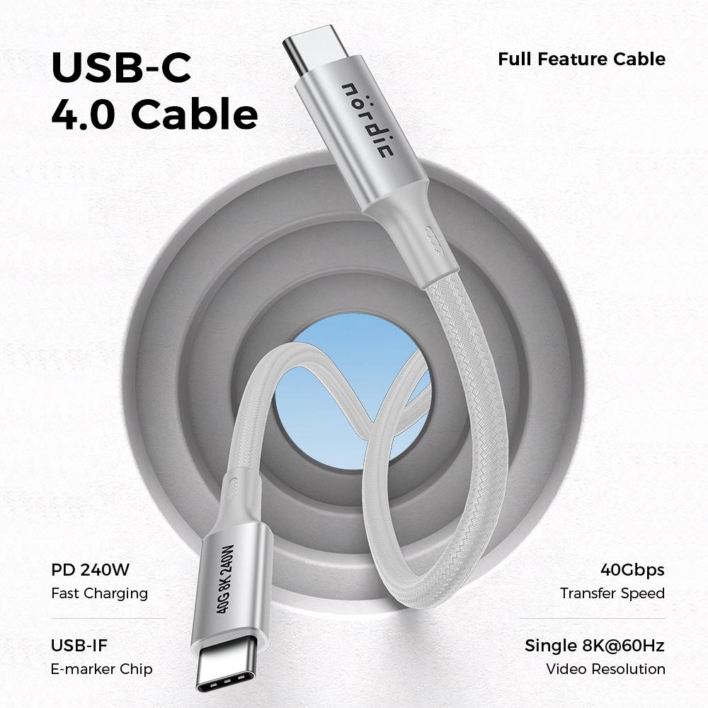 NÖRDIC 50cm USB4 USB-C til C nylonflettet kabel PD3.1 med 240W hurtigopladning 40G 8K60Hz 4K120Hz 5K60Hz 2x4K60Hz Emarker Hot på udsalg