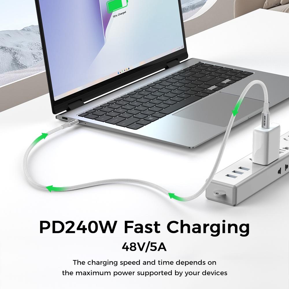 NÖRDIC 50cm USB4 USB-C til C nylonflettet kabel PD3.1 med 240W hurtigopladning 40G 8K60Hz 4K120Hz 5K60Hz 2x4K60Hz Emarker Hot på udsalg