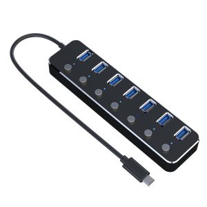 NÖRDIC 7-ports hub USB-C 3.0 5Gbps med individuel switch 25 cm kabel sort aluminium på udsalg