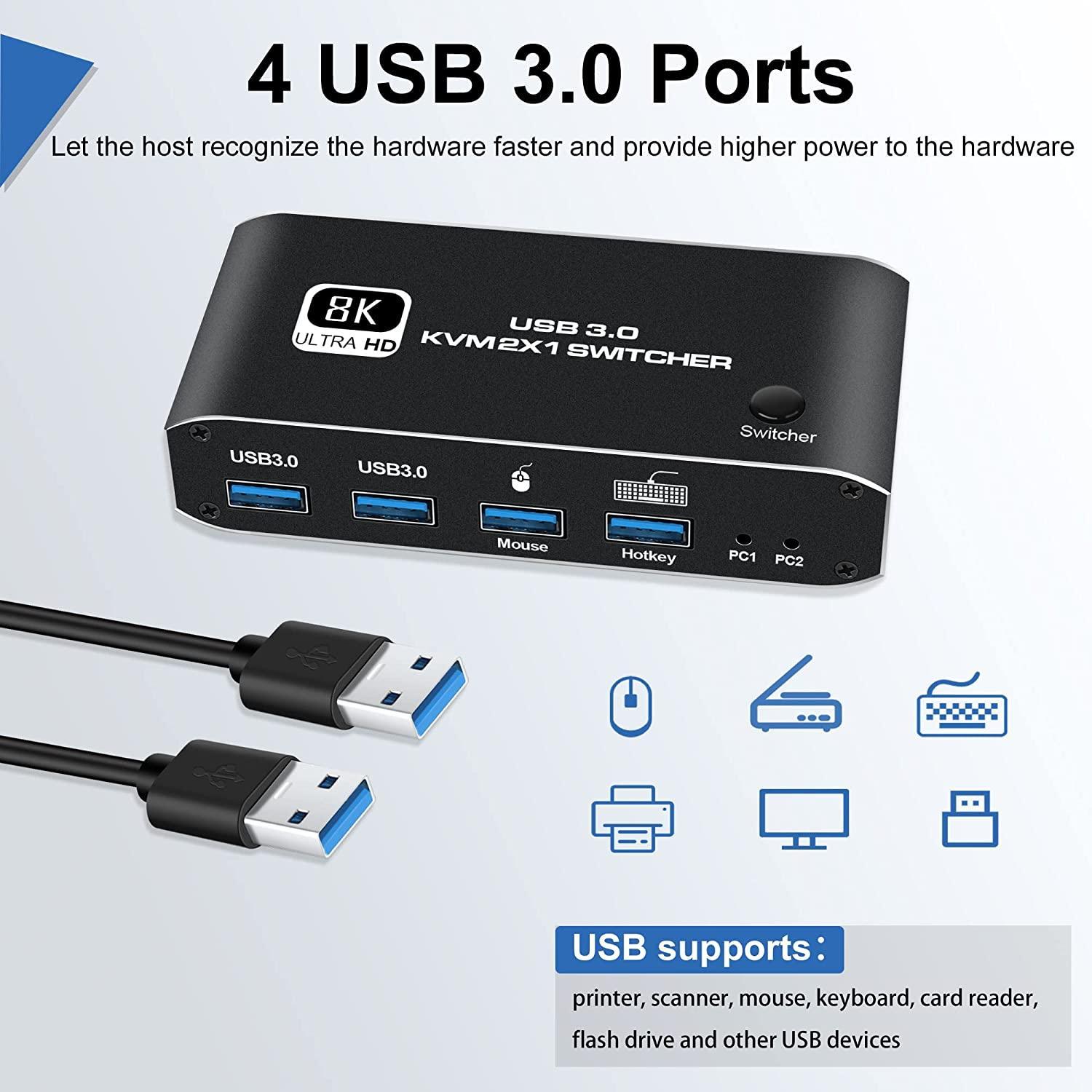 NÖRDIC HDMI 2.1 8K60Hz KVM-switch 2 til 1 HDCP2.3 HDR10 med 4XUSB-A-udgang Online