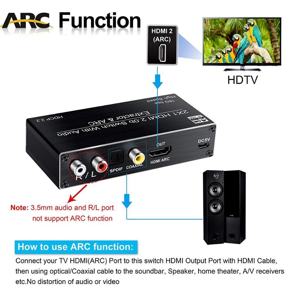 NÖRDIC HDMI skifte 2 til 1 med Lydudtrækkeren og ARC 4K 60Hz SPDIF Coaxial RCA L / R stereo