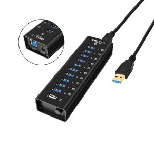 NÖRDIC strømforsynet 11-ports USB 3.0 HUB 5 Gbps 1,2 mm kabel aluminium sort med strømforsyning Online
