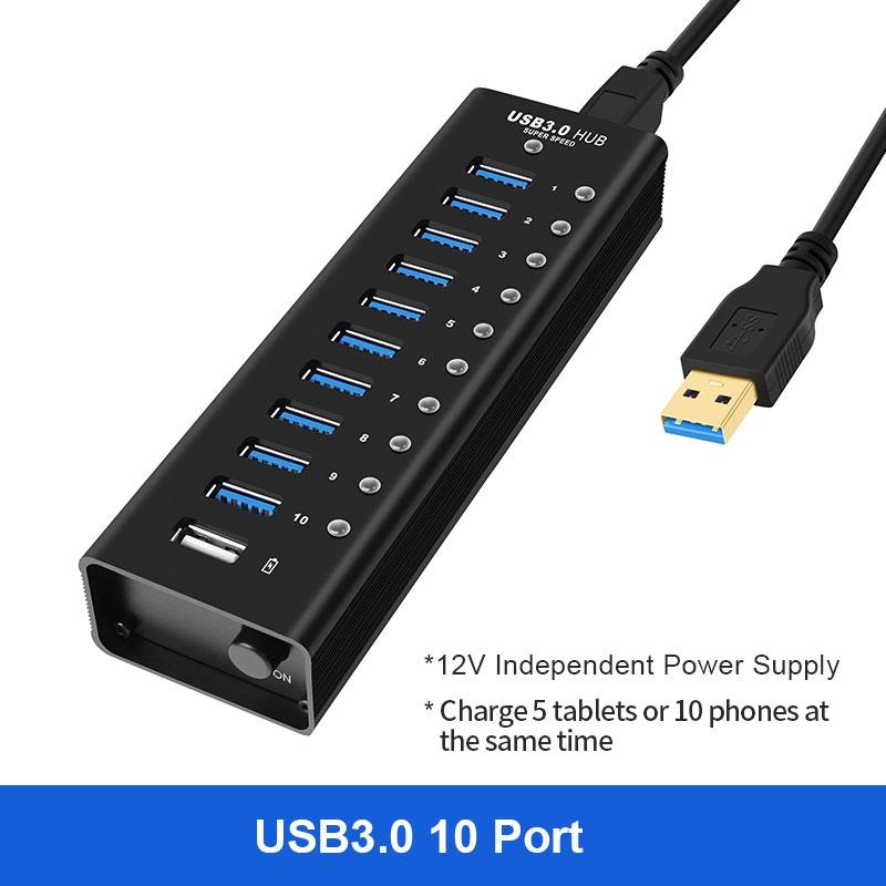 NÖRDIC strømforsynet 11-ports USB 3.0 HUB 5 Gbps 1,2 mm kabel aluminium sort med strømforsyning Online