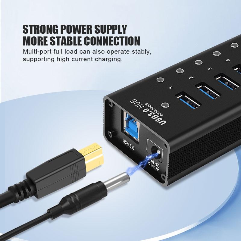 NÖRDIC strømforsynet 11-ports USB 3.0 HUB 5 Gbps 1,2 mm kabel aluminium sort med strømforsyning Online