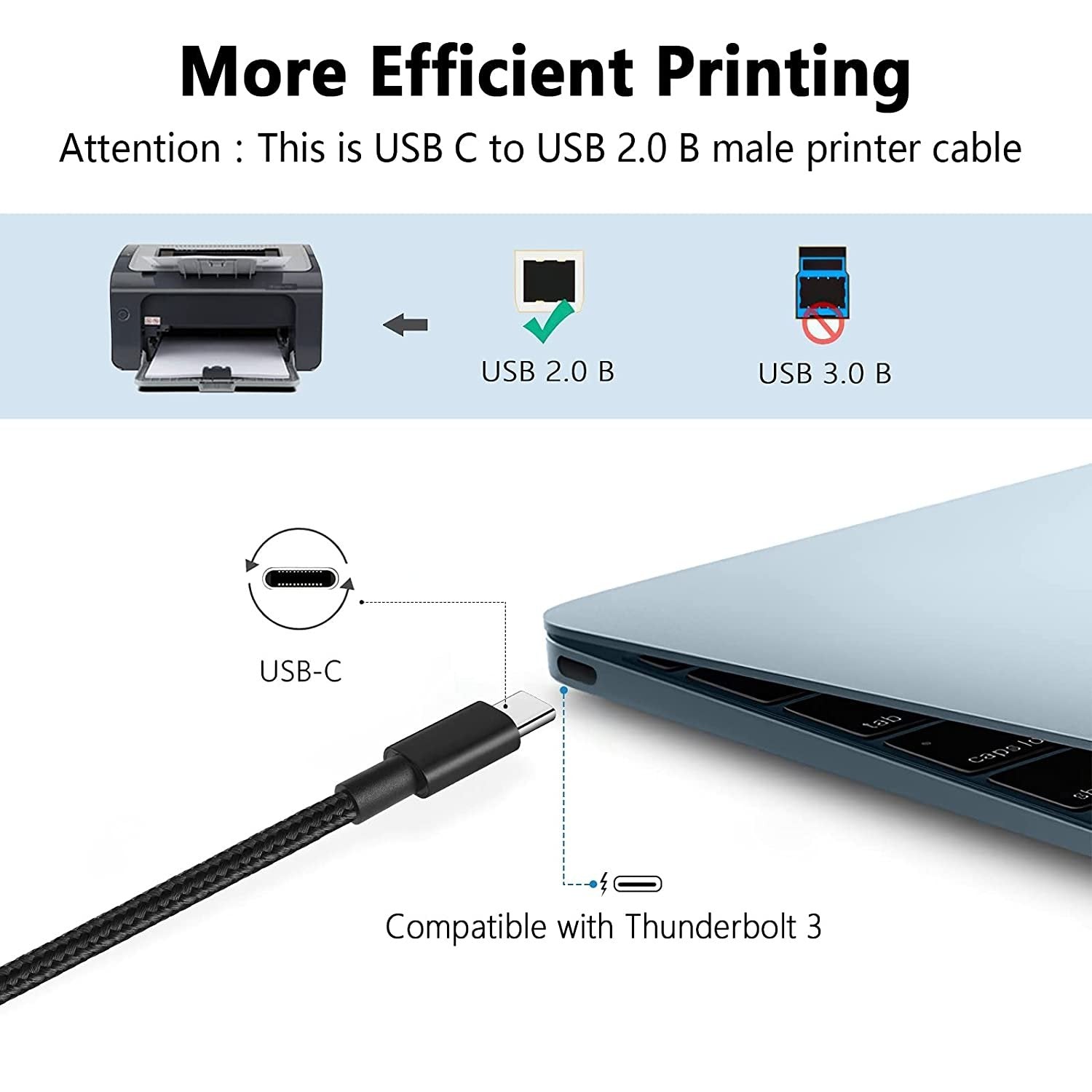 NÖRDIC USB-C 2.0 til USB 2.0 B datakabel 3m USB-printerkabel