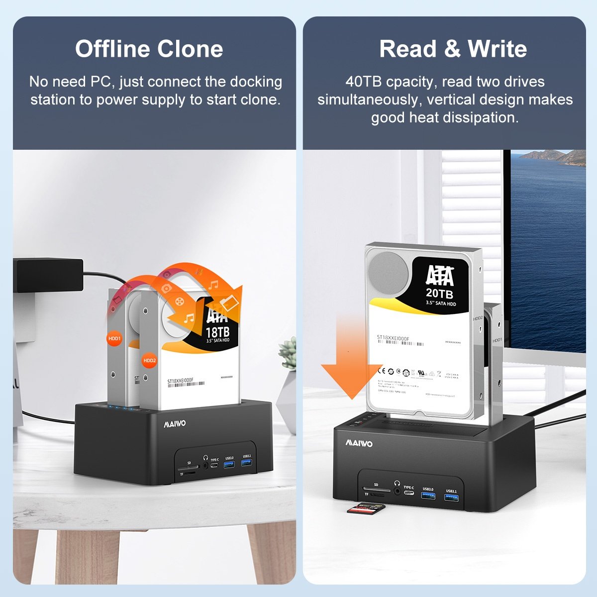 Maiwo HDD Dual dockingstation med klon 10Gbps HDMI 4K60Hz Giga Lan kortlæser SD og MicroSD USB HUB 2xUSB-A og 2xUSB-C Online salg