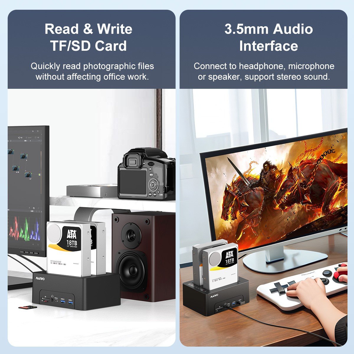 Maiwo HDD Dual dockingstation med klon 10Gbps HDMI 4K60Hz Giga Lan kortlæser SD og MicroSD USB HUB 2xUSB-A og 2xUSB-C Online salg