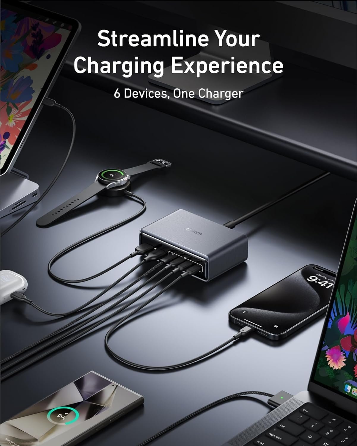 ANKER Prime-lader, 200W 6-port GaN-laderstation, Hurtigopladning USB C