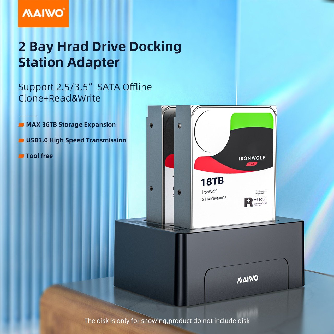 Maiwo K3082 USB 3.1 GEN1 5Gbps Docking 2x 2,5 3,5 SATA-harddisk op til 14TB med understøttelse af UASP, støtte SATAIII 6Gbps Med kloning funktion Levere