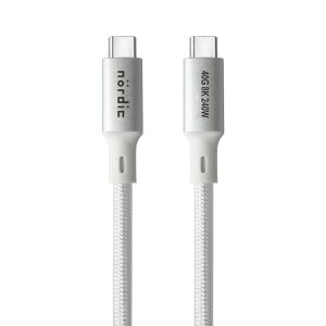 NÖRDIC 25 cm USB4 USB-C til C nylonflettet kabel PD3.1 med 240W hurtigopladning 40G 8K60Hz 4K120Hz 5K60Hz 2x4K60Hz Emarker