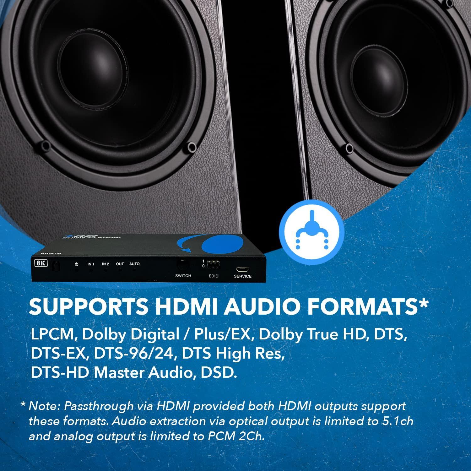 NÖRDIC 8K HDMI 2.1 Switch og Extractor 2 til 1 8K60Hz 4K120Hz CEC HDR Dolby Atmos, True HD, Digital Plus, DTS-HD Master Online Hot Salg