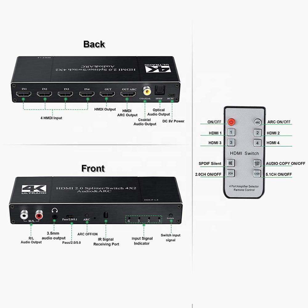 NÖRDIC HDMI Switch 4 på 2 med lyd emhætte og ARC, i 4Kx2K 60Hz, HDCP 2.2, 5.1 surround, Metal Online nu
