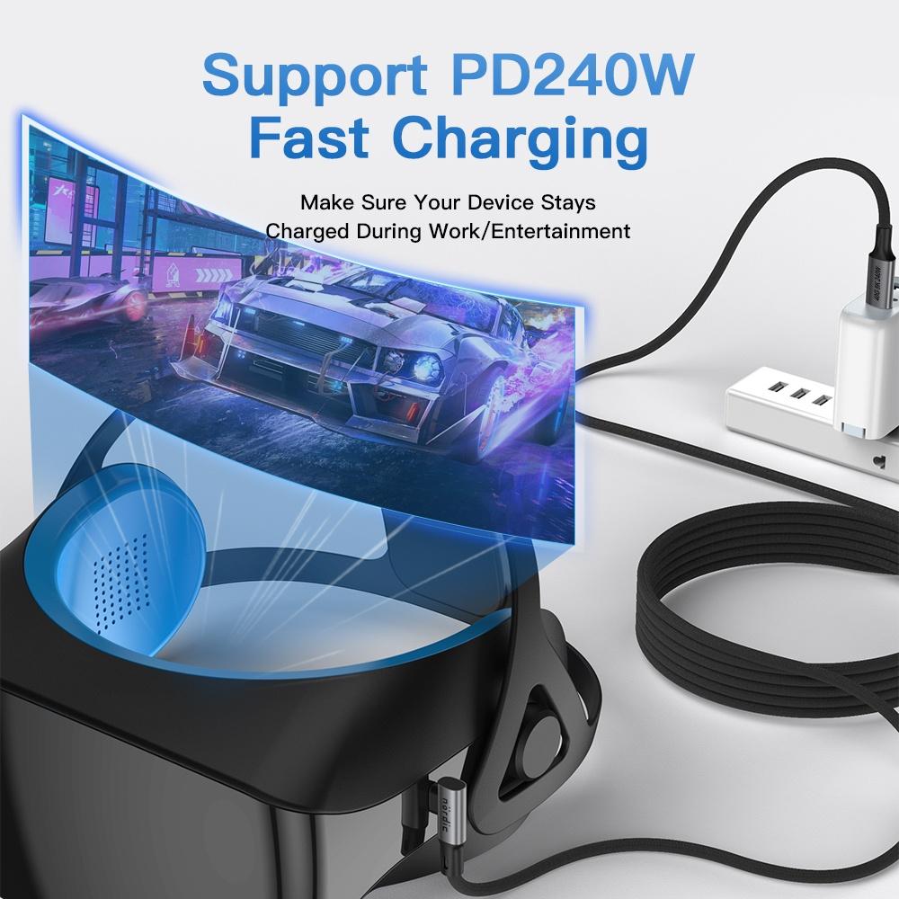 NÖRDIC vinklet 2m USB4 USB-C til C nylonflettet kabel PD3.1 240W 40G 8K60Hz 4K144Hz grå