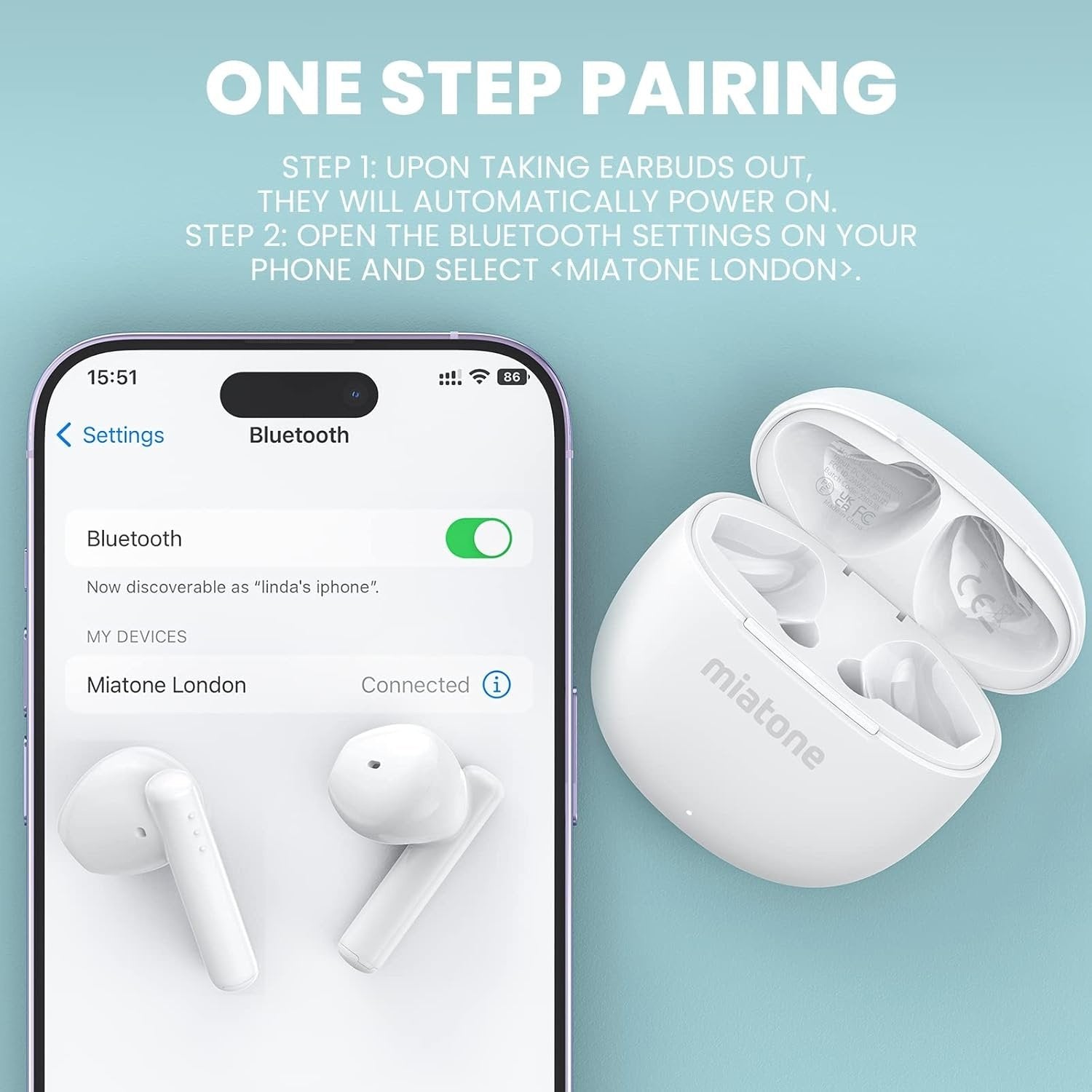 NÖRDIC True Wireless Earbuds, Bluetooth 5.3 9H Playtime med opladningsetui, Indbygget mikrofon til telefonopkald, Semi-in-Ear høretelefoner - Hvid