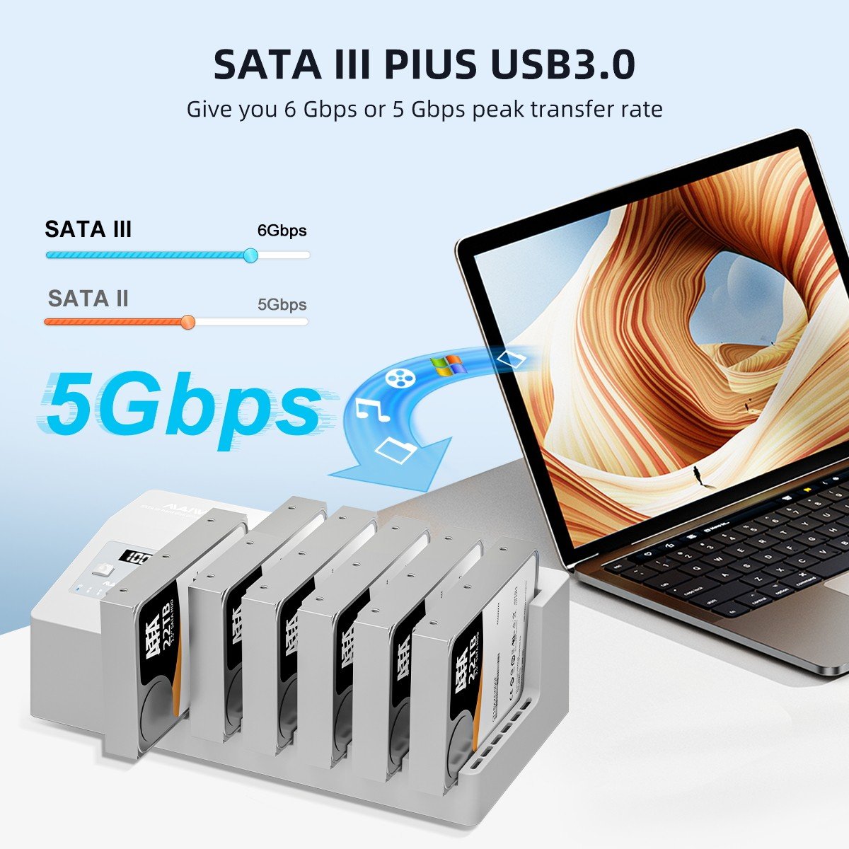 MAIWO 6x HDD klonings- og dockingstation, 2,5"/3,5" SATA HDD, USB-C 3.0 5Gbps