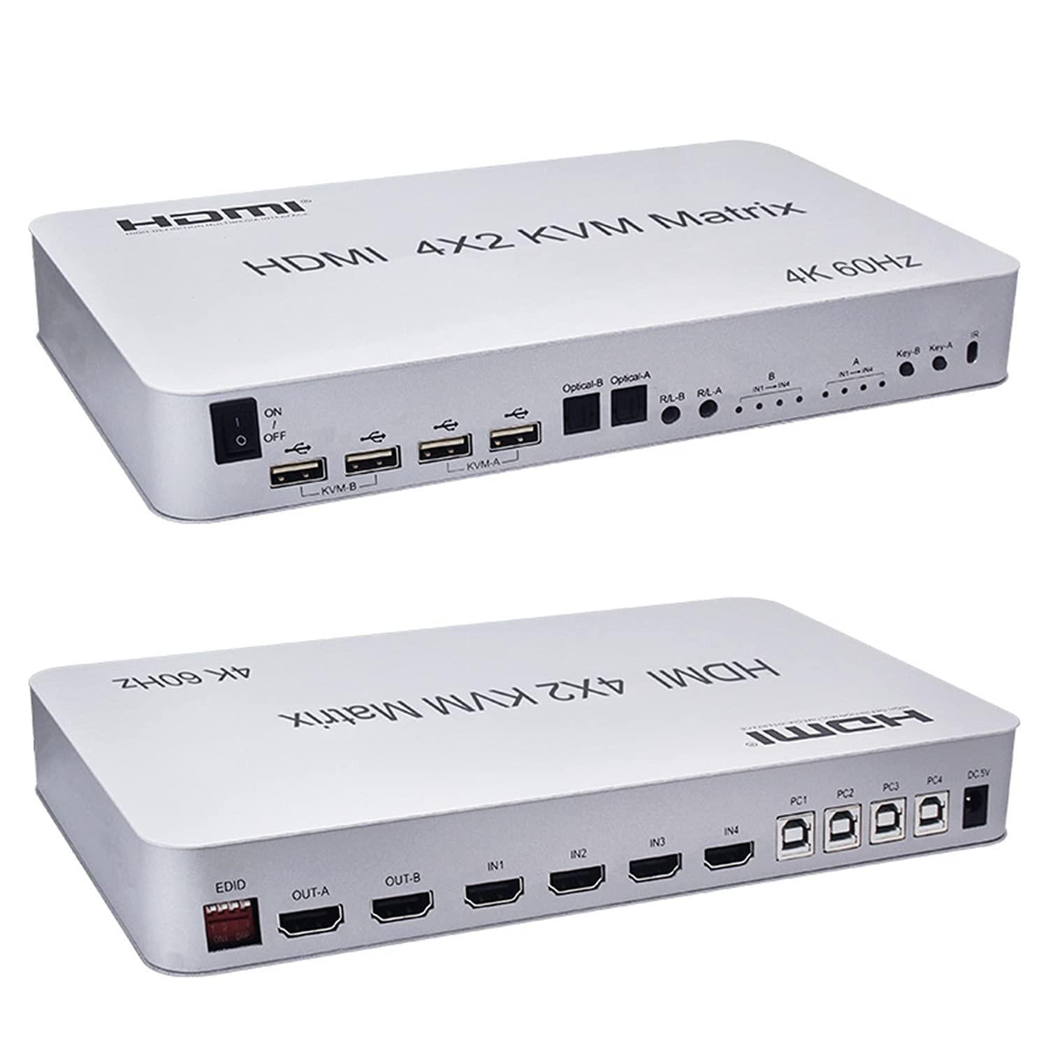 NÖRDIC KVM Switch 4xPC til 2xHDMI 4K 60Hz 3D Audio stereo og Toslink Levere