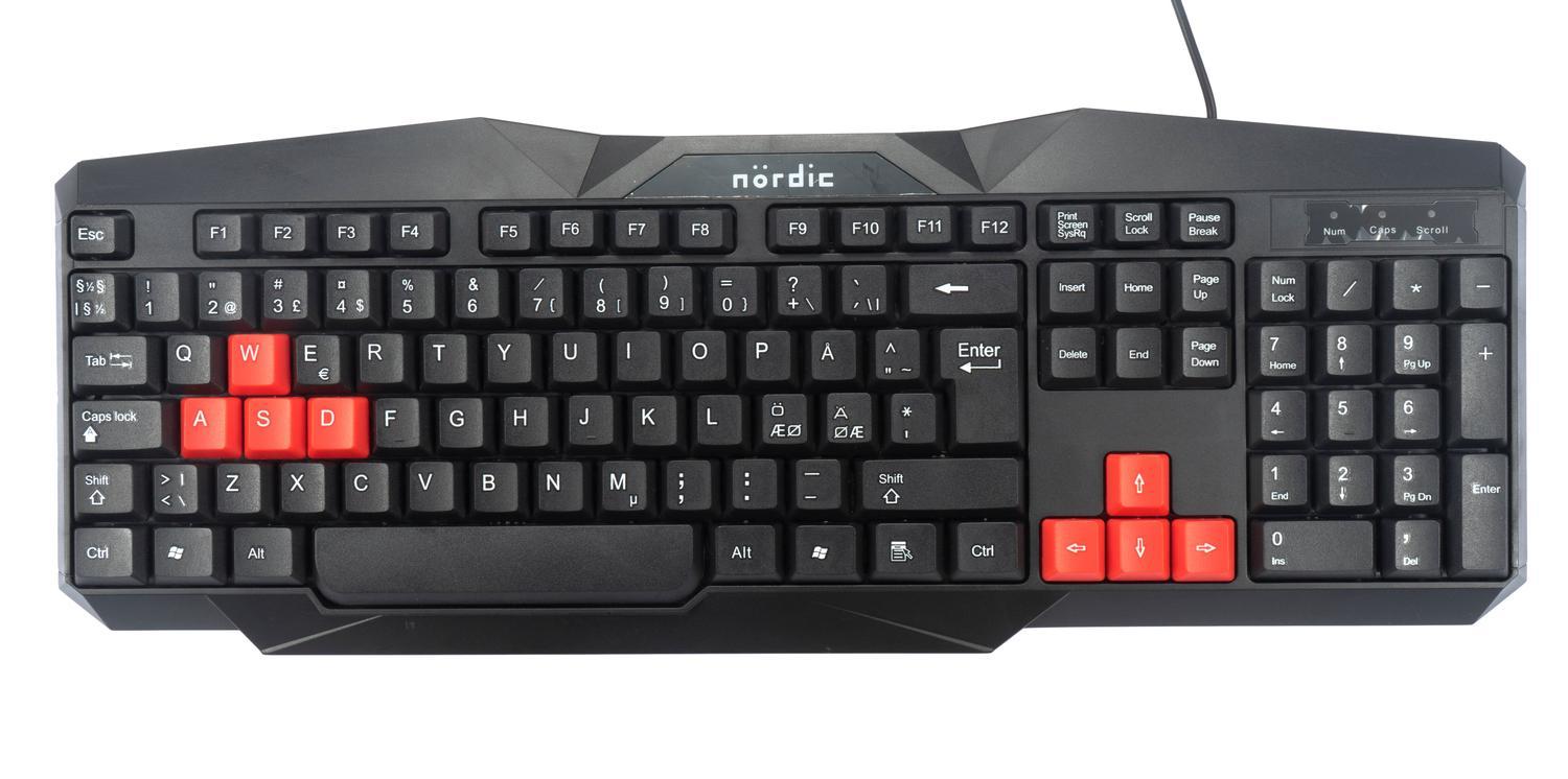 NÖRDIC KIT1, komplet forret gamingkit 4-i-1, tastatur, mus, headset, musemåtte, sort med detaljer i rød
