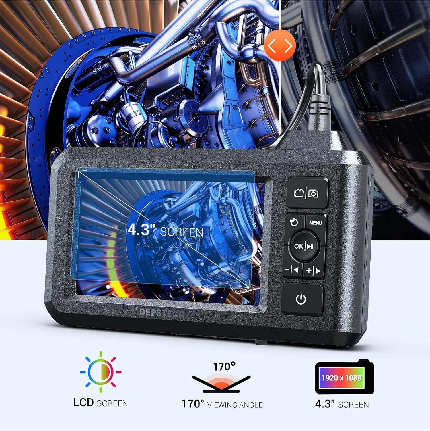 DS300 Double Lens Endo-/Borescope 1080P digitalt inspektionskamera, 5m kabel 7,9 mm IP67 4,3" LCD-skærm, 7x LED
