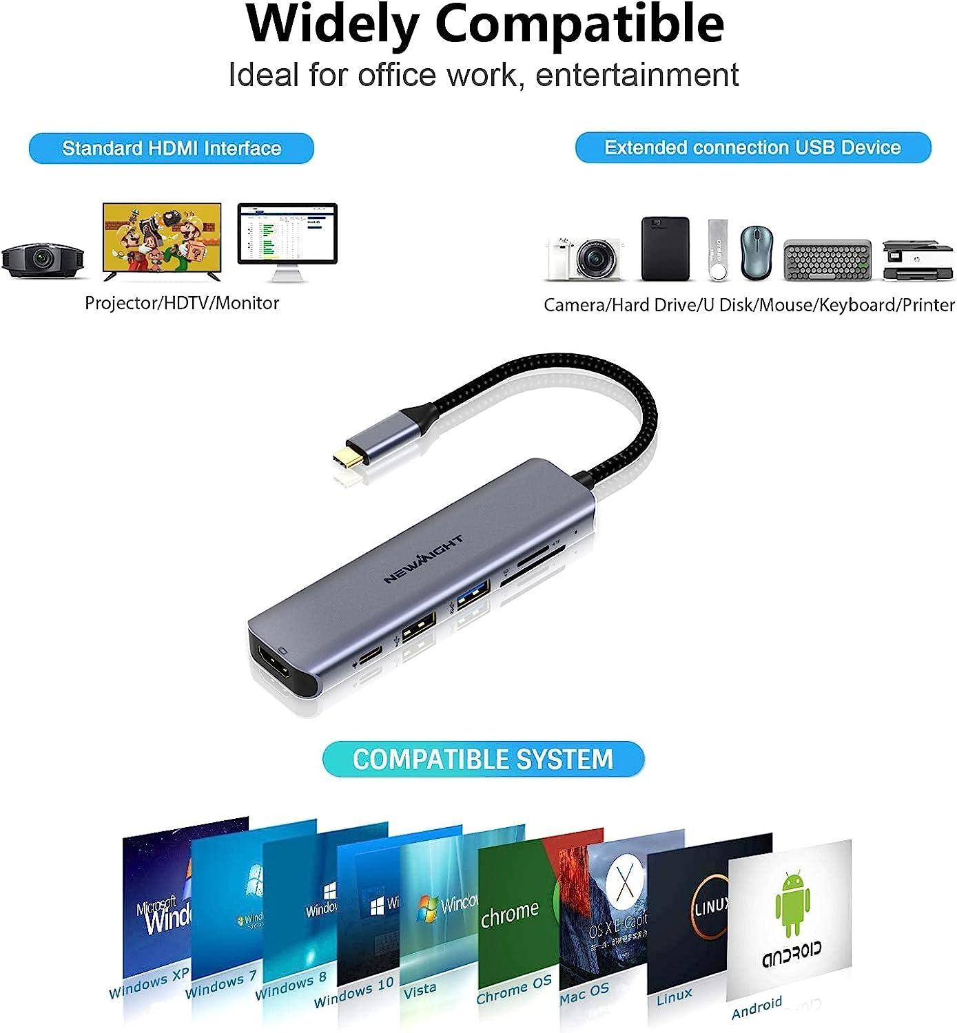 NÖRDIC 1 til 6 USB C aluminium dockingstation 1xHDMI 4K 30Hz 1xUSB-A 3.0 1xUSB-A 2.0 5Gbps 1xUSB C PD87W 1xSD/TF kortlæser