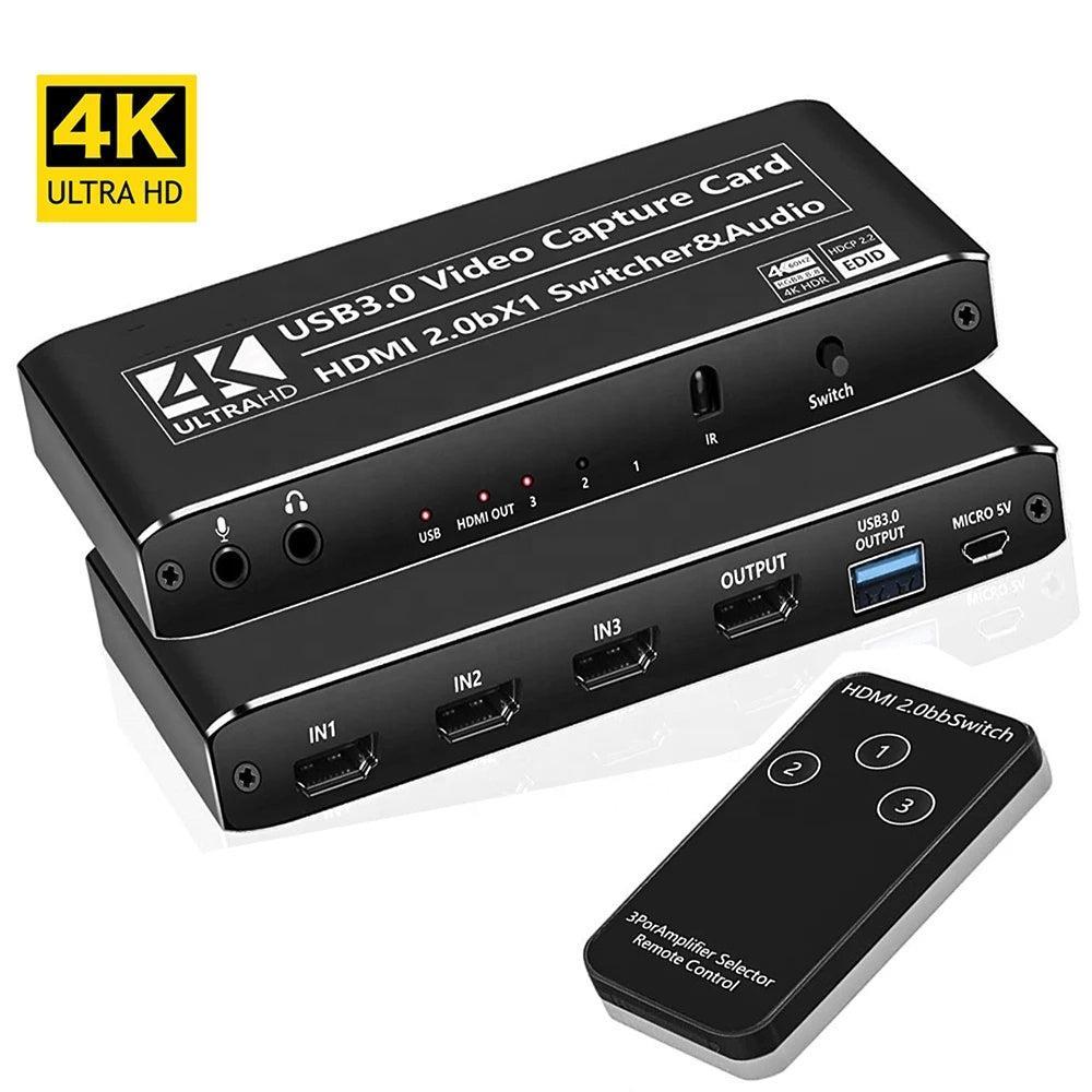 NÖRDIC HDMI Switch 3 til 1 med Video Capture Card HDMI2.0 4K60Hz USB3.1 Mikrofon og lydudgang HDMI Signal Loop Out HDR HDCP2.2 EDID RGB8: 8: 8 Online salg