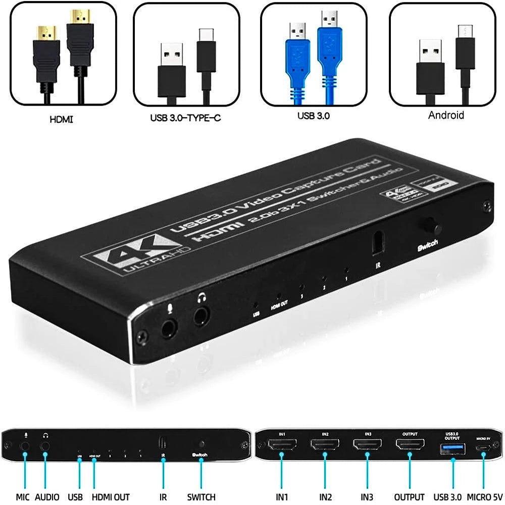 NÖRDIC HDMI Switch 3 til 1 med Video Capture Card HDMI2.0 4K60Hz USB3.1 Mikrofon og lydudgang HDMI Signal Loop Out HDR HDCP2.2 EDID RGB8: 8: 8 Online salg