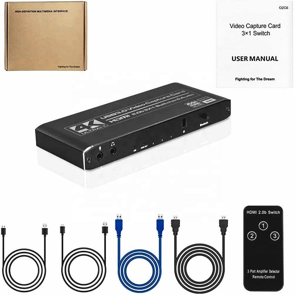 NÖRDIC HDMI Switch 3 til 1 med Video Capture Card HDMI2.0 4K60Hz USB3.1 Mikrofon og lydudgang HDMI Signal Loop Out HDR HDCP2.2 EDID RGB8: 8: 8 Online salg