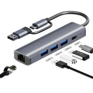 NÖRDIC USB Hub USB-C eller A til 3xUSB-A 3.0 1xUSB-C 5Gbps 1xRJ45 Giga LAN Udsalg