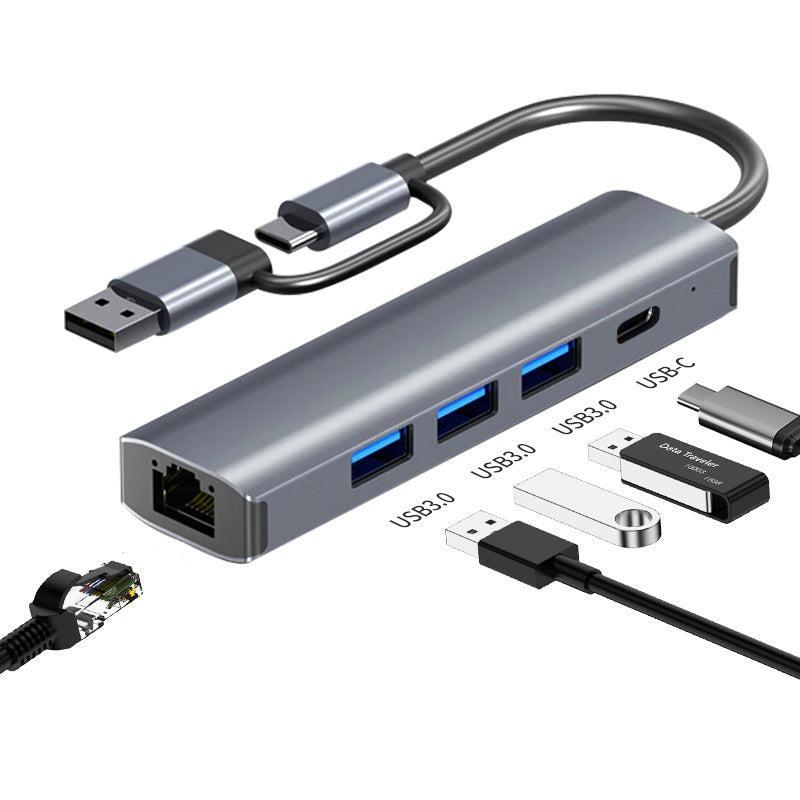 NÖRDIC USB Hub USB-C eller A til 3xUSB-A 3.0 1xUSB-C 5Gbps 1xRJ45 Giga LAN Udsalg